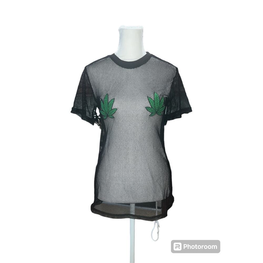Spencers Womens Black‎ Fishnet Mesh T-Shirt Green Leaf Patches Size S Festival